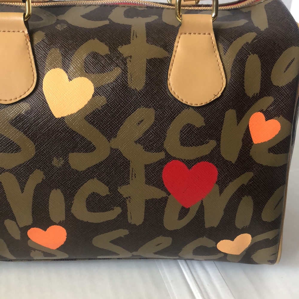 Victoria's Secret Brown Graffiti Heart Satchel with Red and Orange Accents - Picture 3 of 16